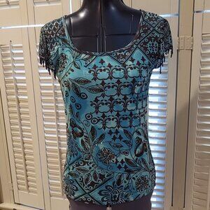 Beaded, Sequined Decorative Teal & Brown T-shirt by Forbidden M